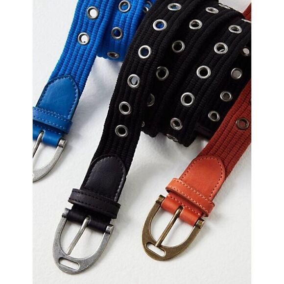 Free people Avril grommet leather woven belt cobalt blue S/M new